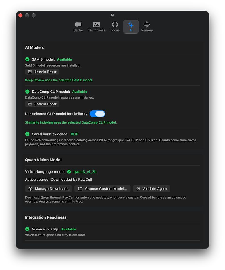 AI settings with available SAM 3 and DataComp CLIP models, enabled CLIP similarity, saved burst evidence, and Qwen model management controls