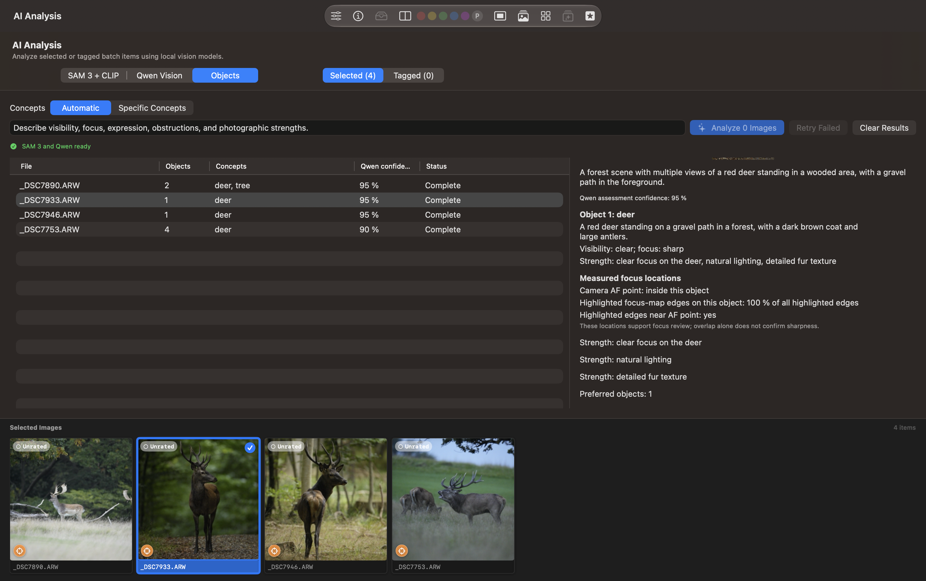 Objects detail panel with the stag description, visibility and focus notes, measured autofocus and focus-map locations, strengths, and preferred object