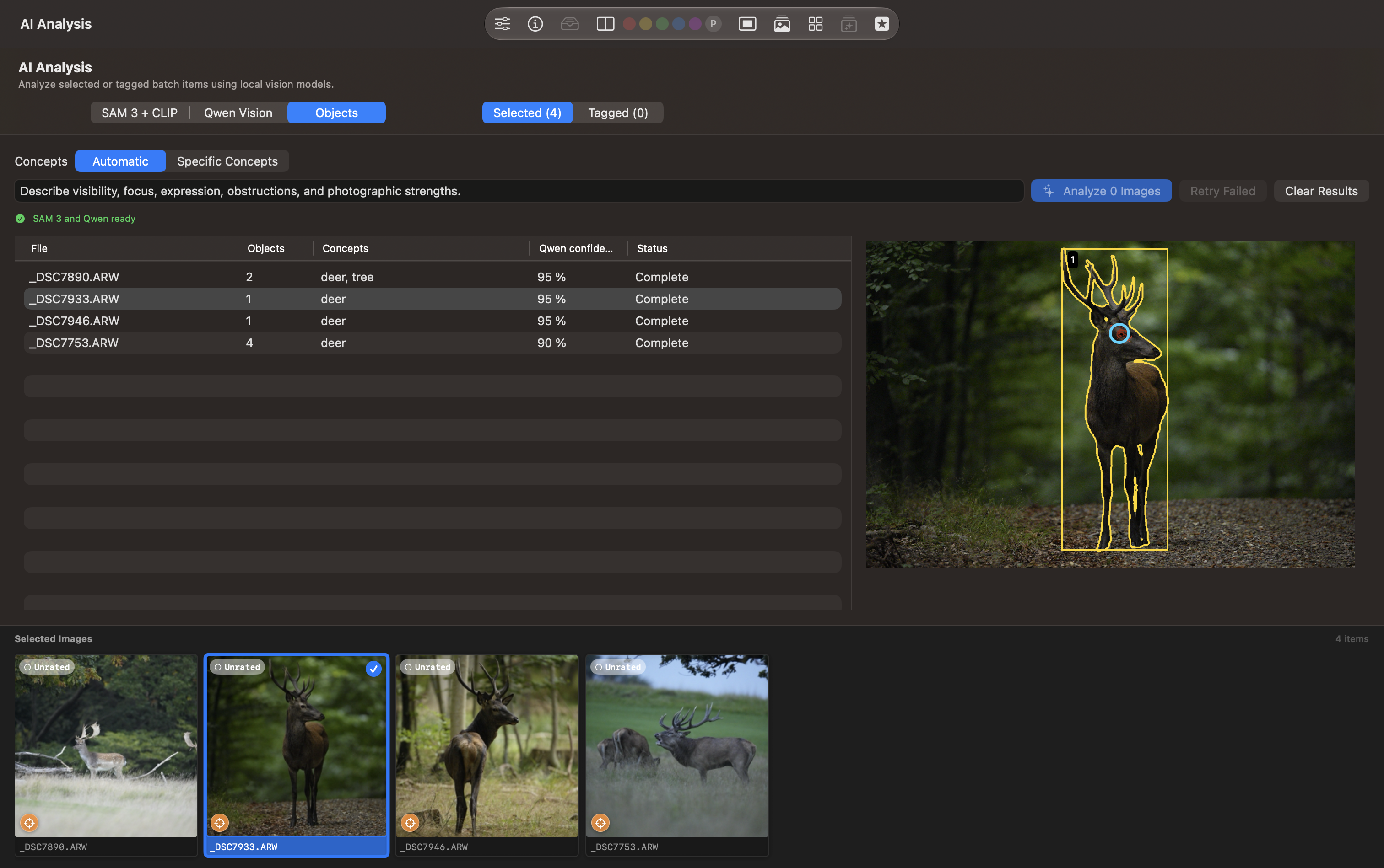 Objects tab with completed results for four deer photos and a yellow numbered outline and bounding box around one stag