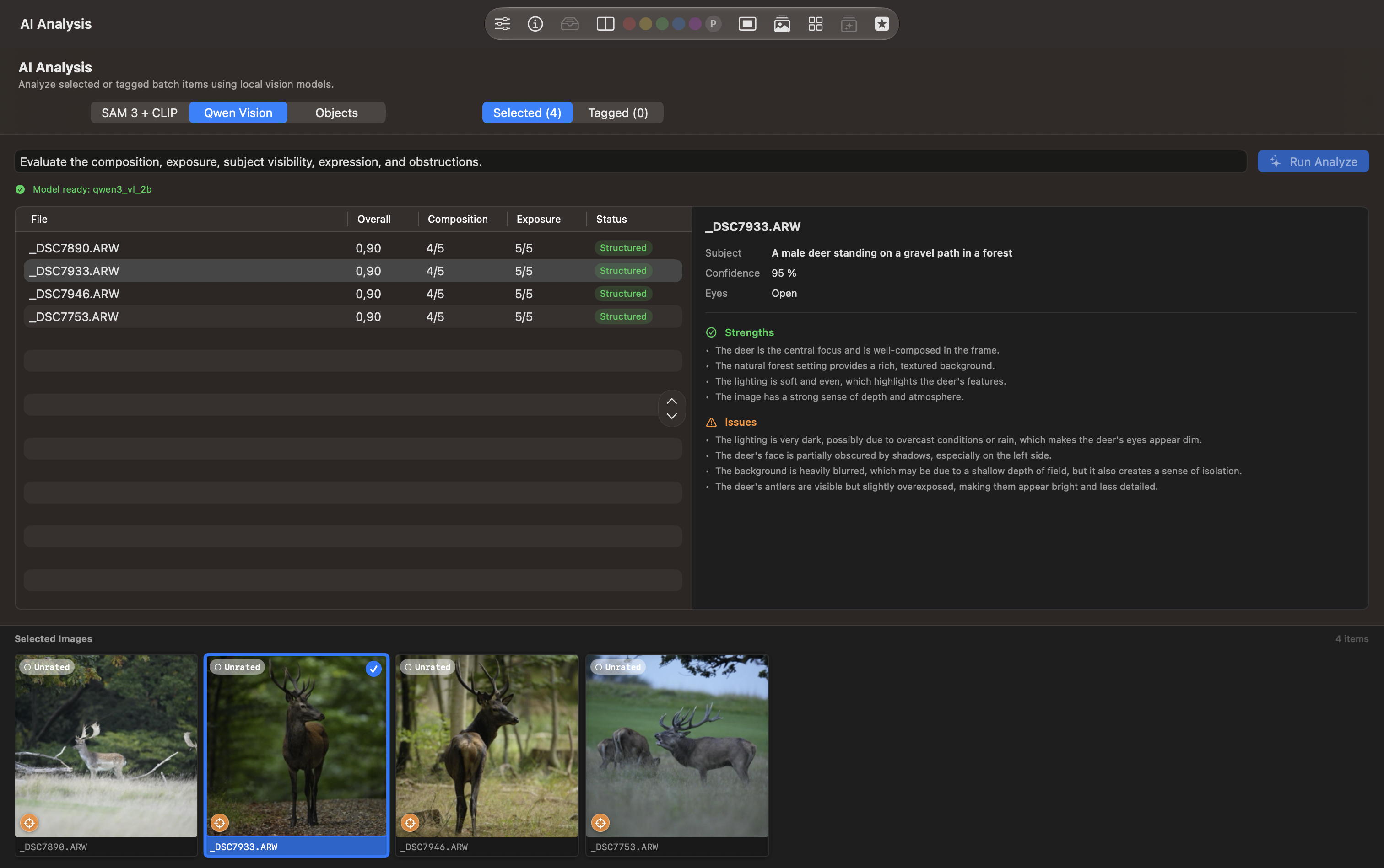 Qwen Vision assessment of four deer photos with scores and the selected stag's subject description, confidence, strengths, and issues