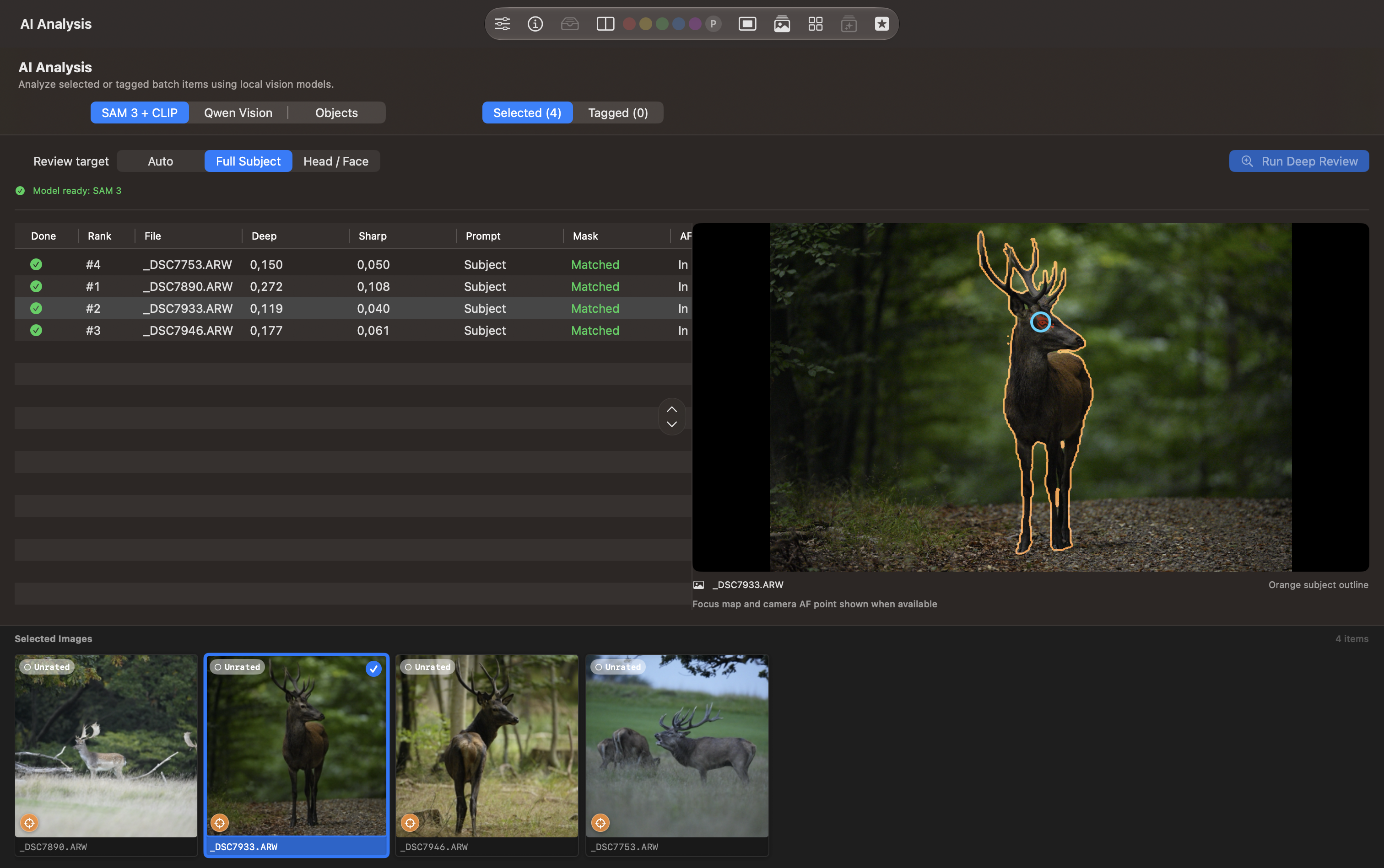 SAM 3 + CLIP Full Subject review of four deer photos, with ranked scores and an orange outline around the selected stag