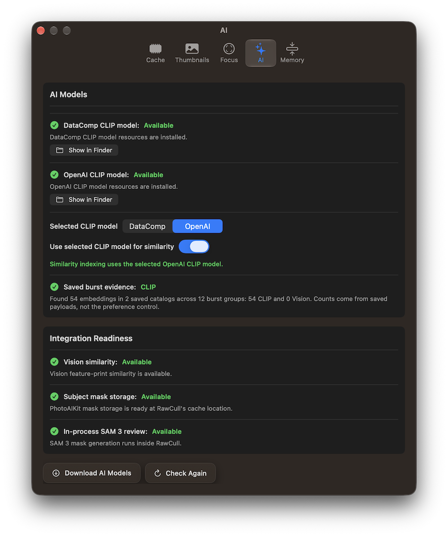 AI settings showing available CLIP models and integration readiness