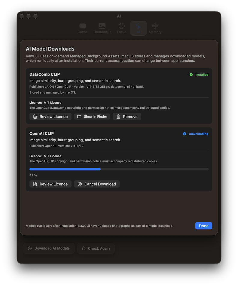 AI model download in progress with a progress bar and cancel control