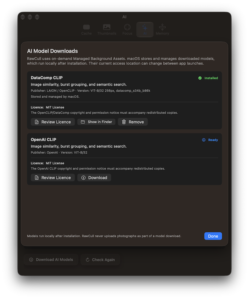 AI model download window showing one installed CLIP model and another ready to download