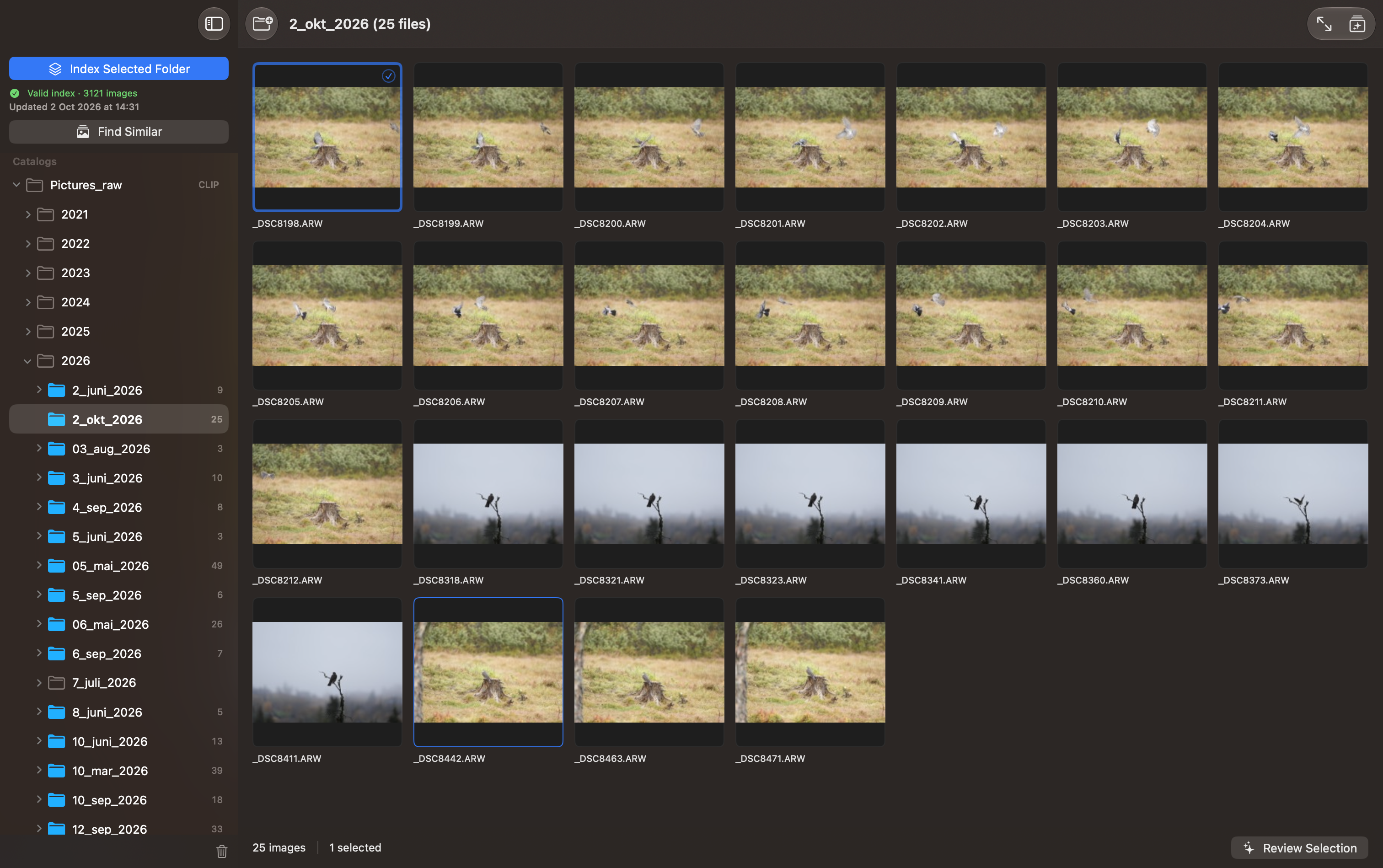 RawCullBrowse thumbnail grid with nested photo folders, Index Selected Folder, and Find Similar controls